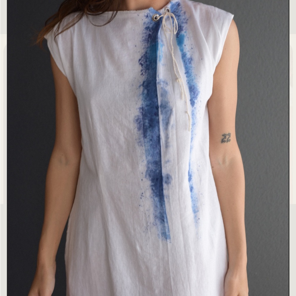 White Dress with Blue Tie-Dye Accent